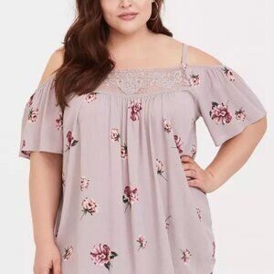 Torrid Dusty Light Purple & Pink Floral Off The Shoulder Boho Blouse